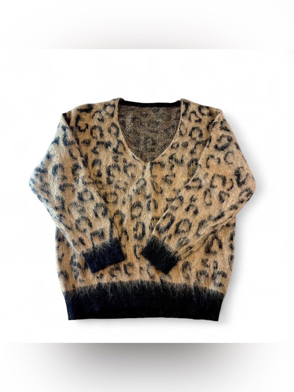 Leopard Print V-Neck Sweater - Beige & Black Size L